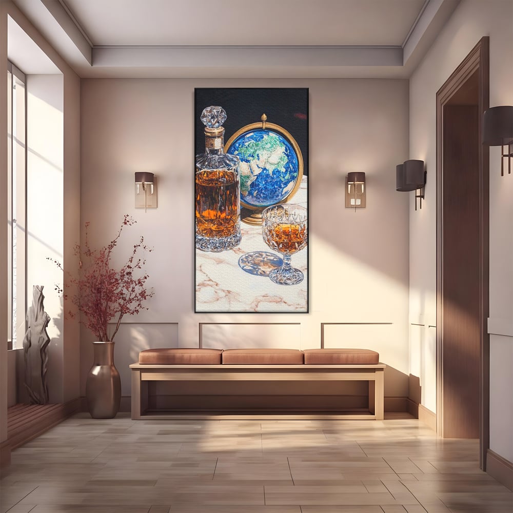 Tablou Canvas Premium, LuxCanva® N1117, Globul Bauturilor Fine, Whisky, Sticla, Pahar, Cristal, Rafinament, Glob, Calatorie, Lume, Pub, Lounge, Bar, Restaurant, Bucatarie