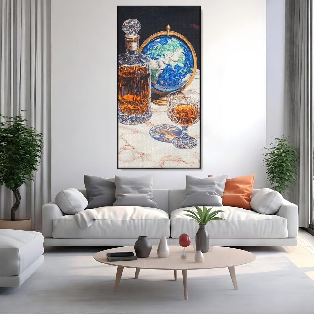 Tablou Canvas Premium, LuxCanva® N1117, Globul Bauturilor Fine, Whisky, Sticla, Pahar, Cristal, Rafinament, Glob, Calatorie, Lume, Pub, Lounge, Bar, Restaurant, Bucatarie