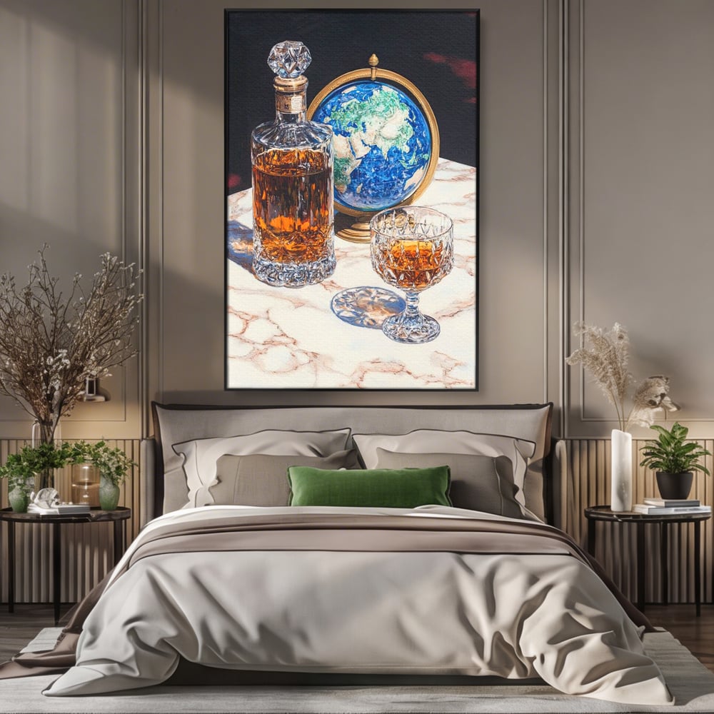 Tablou Canvas Premium, LuxCanva® N1117, Globul Bauturilor Fine, Whisky, Sticla, Pahar, Cristal, Rafinament, Glob, Calatorie, Lume, Pub, Lounge, Bar, Restaurant, Bucatarie