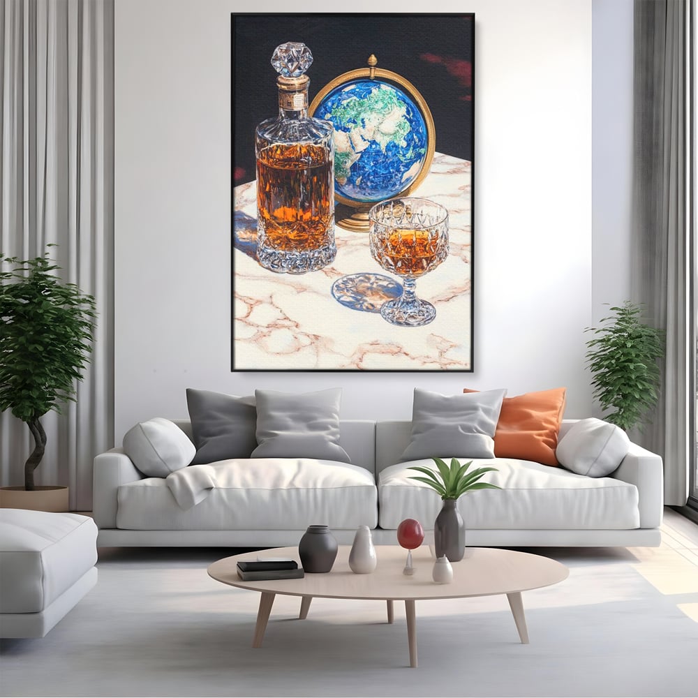 Tablou Canvas Premium, LuxCanva® N1117, Globul Bauturilor Fine, Whisky, Sticla, Pahar, Cristal, Rafinament, Glob, Calatorie, Lume, Pub, Lounge, Bar, Restaurant, Bucatarie