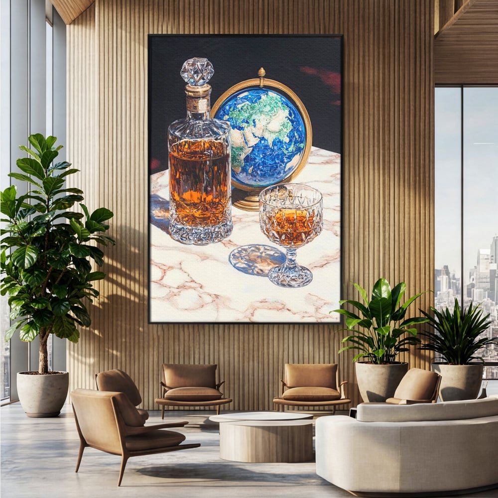 Tablou Canvas Premium, LuxCanva® N1117, Globul Bauturilor Fine, Whisky, Sticla, Pahar, Cristal, Rafinament, Glob, Calatorie, Lume, Pub, Lounge, Bar, Restaurant, Bucatarie