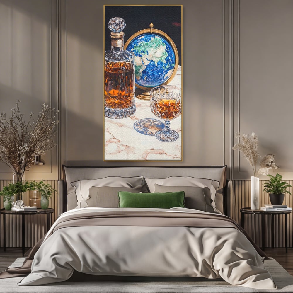 Tablou Canvas Premium, LuxCanva® N1117, Globul Bauturilor Fine, Whisky, Sticla, Pahar, Cristal, Rafinament, Glob, Calatorie, Lume, Pub, Lounge, Bar, Restaurant, Bucatarie