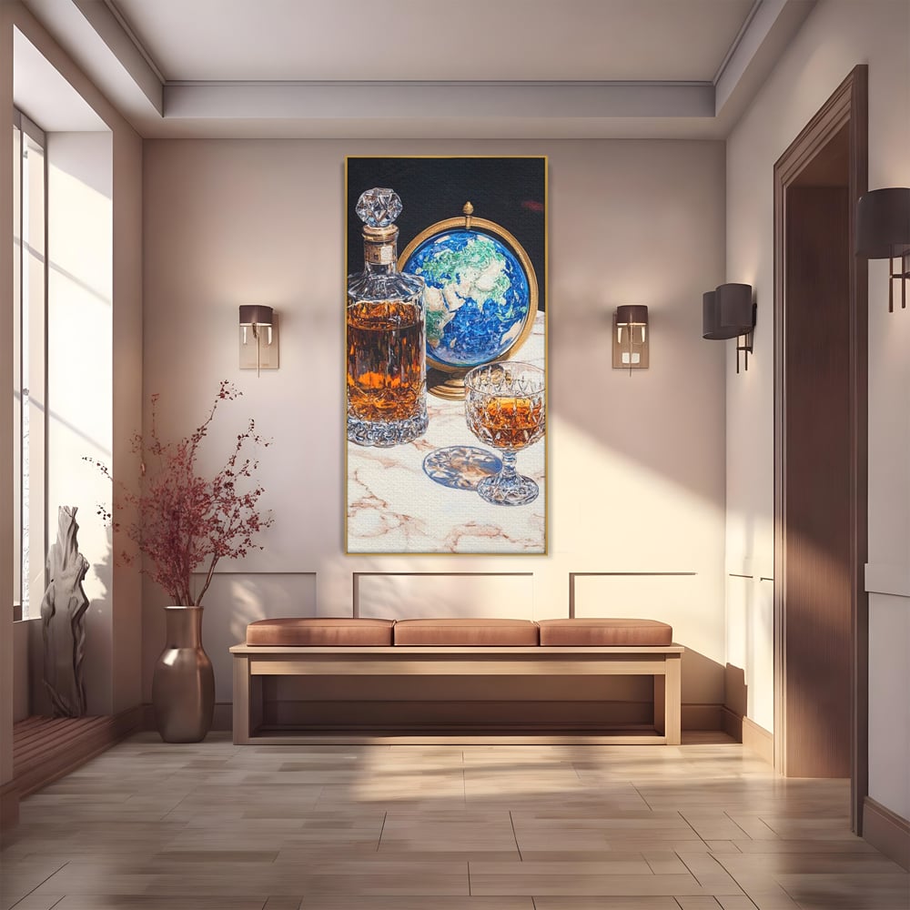 Tablou Canvas Premium, LuxCanva® N1117, Globul Bauturilor Fine, Whisky, Sticla, Pahar, Cristal, Rafinament, Glob, Calatorie, Lume, Pub, Lounge, Bar, Restaurant, Bucatarie