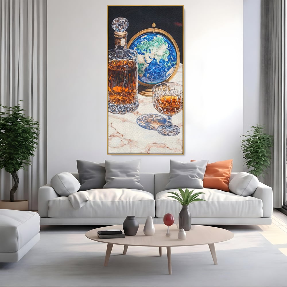 Tablou Canvas Premium, LuxCanva® N1117, Globul Bauturilor Fine, Whisky, Sticla, Pahar, Cristal, Rafinament, Glob, Calatorie, Lume, Pub, Lounge, Bar, Restaurant, Bucatarie