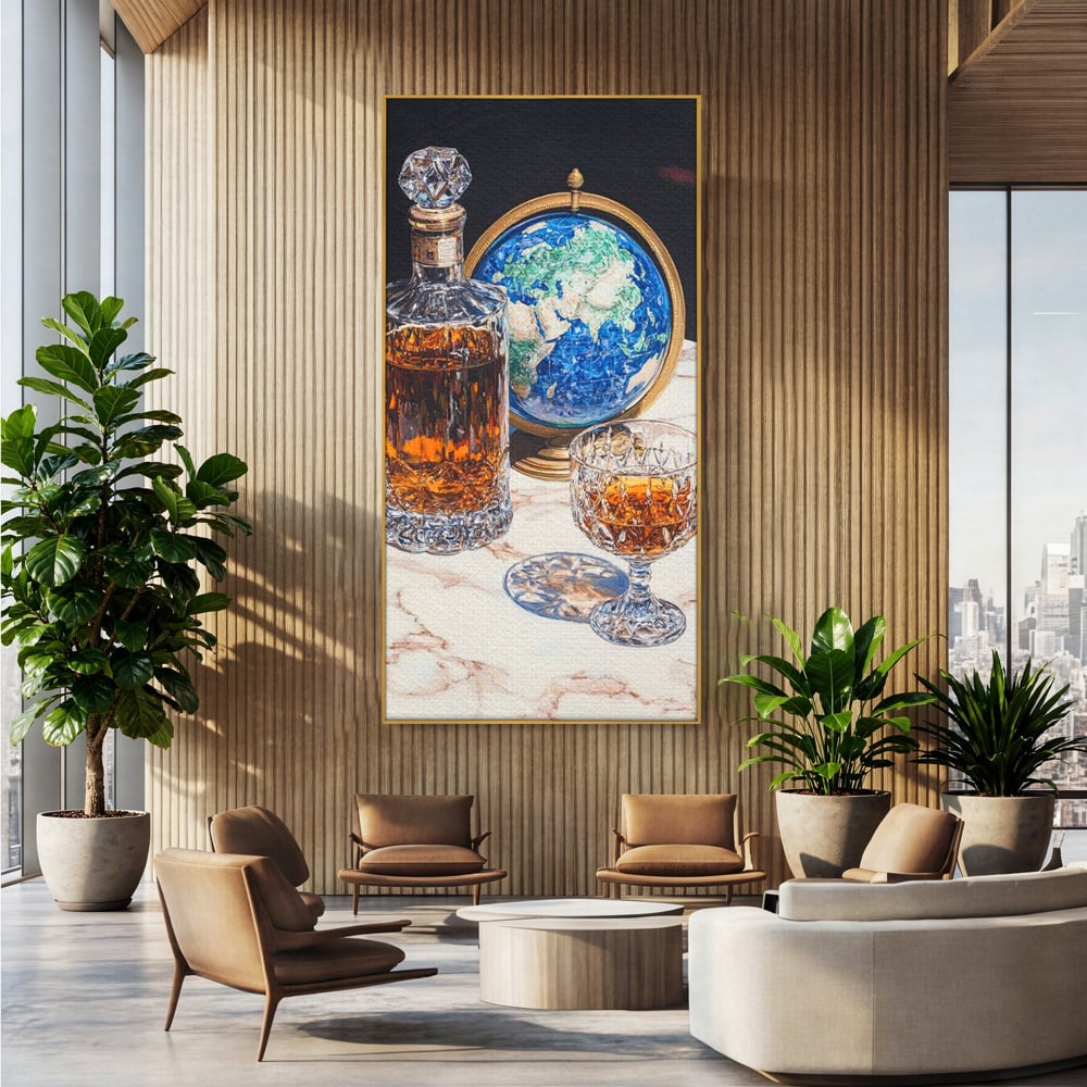 Tablou Canvas Premium, LuxCanva® N1117, Globul Bauturilor Fine, Whisky, Sticla, Pahar, Cristal, Rafinament, Glob, Calatorie, Lume, Pub, Lounge, Bar, Restaurant, Bucatarie