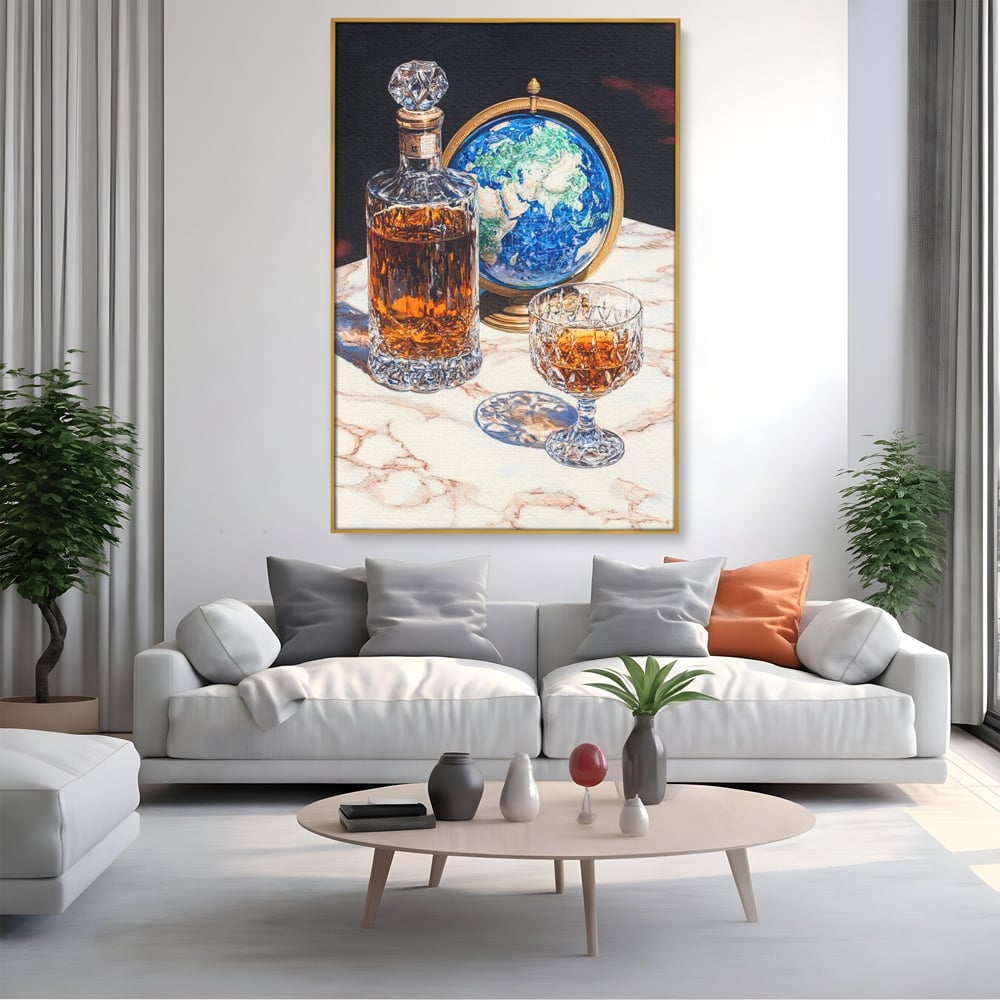 Tablou Canvas Premium, LuxCanva® N1117, Globul Bauturilor Fine, Whisky, Sticla, Pahar, Cristal, Rafinament, Glob, Calatorie, Lume, Pub, Lounge, Bar, Restaurant, Bucatarie