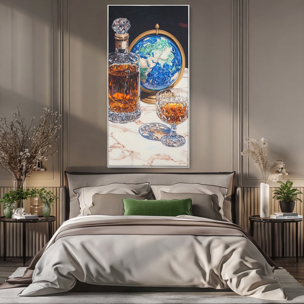 Tablou Canvas Premium, LuxCanva® N1117, Globul Bauturilor Fine, Whisky, Sticla, Pahar, Cristal, Rafinament, Glob, Calatorie, Lume, Pub, Lounge, Bar, Restaurant, Bucatarie