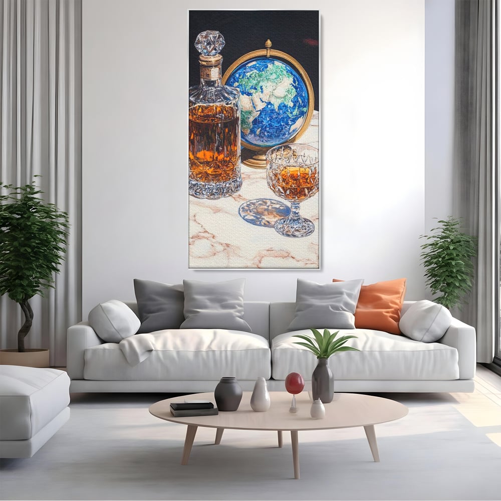 Tablou Canvas Premium, LuxCanva® N1117, Globul Bauturilor Fine, Whisky, Sticla, Pahar, Cristal, Rafinament, Glob, Calatorie, Lume, Pub, Lounge, Bar, Restaurant, Bucatarie
