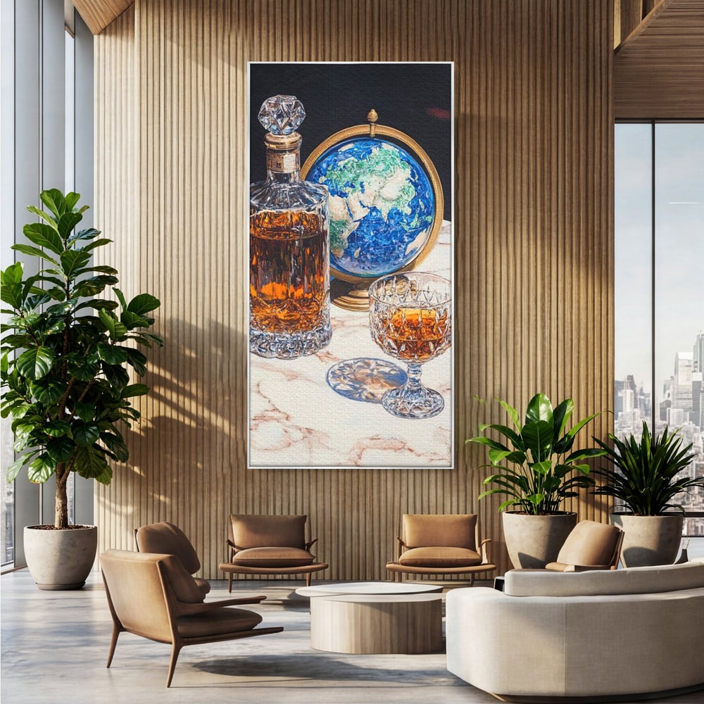 Tablou Canvas Premium, LuxCanva® N1117, Globul Bauturilor Fine, Whisky, Sticla, Pahar, Cristal, Rafinament, Glob, Calatorie, Lume, Pub, Lounge, Bar, Restaurant, Bucatarie