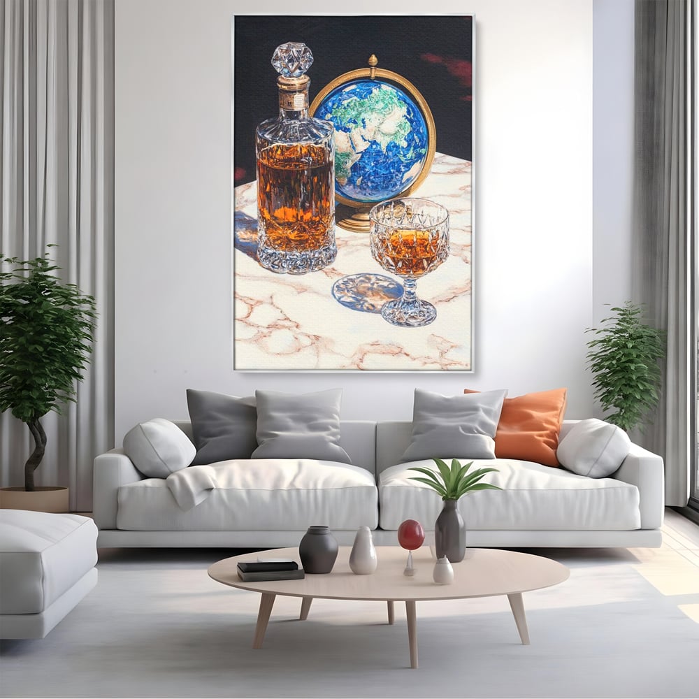 Tablou Canvas Premium, LuxCanva® N1117, Globul Bauturilor Fine, Whisky, Sticla, Pahar, Cristal, Rafinament, Glob, Calatorie, Lume, Pub, Lounge, Bar, Restaurant, Bucatarie