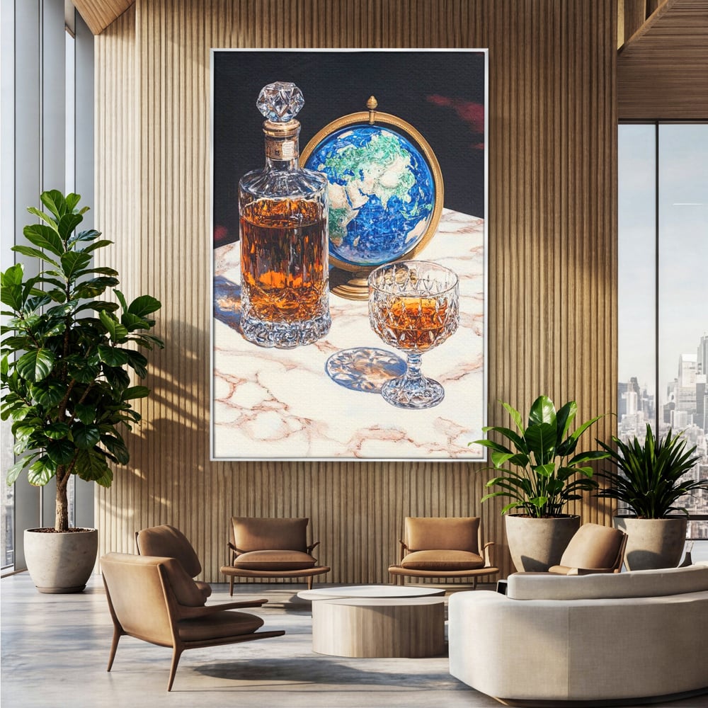 Tablou Canvas Premium, LuxCanva® N1117, Globul Bauturilor Fine, Whisky, Sticla, Pahar, Cristal, Rafinament, Glob, Calatorie, Lume, Pub, Lounge, Bar, Restaurant, Bucatarie