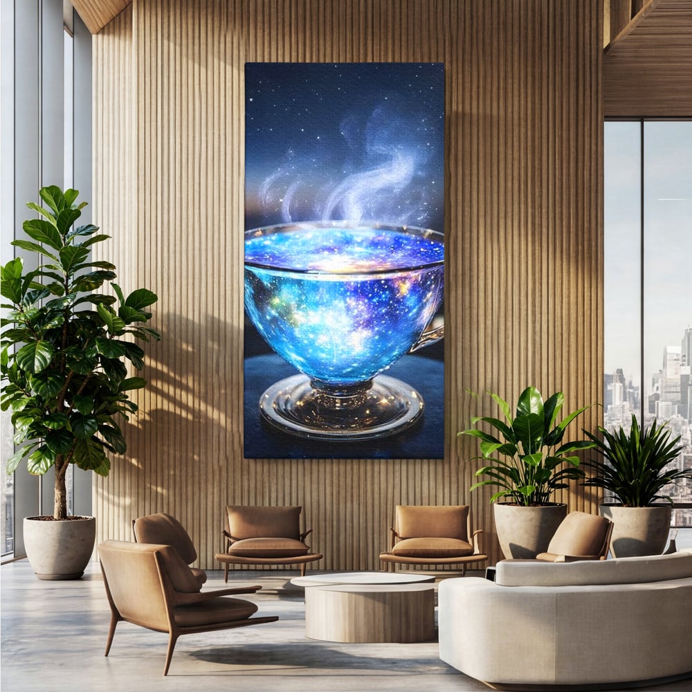 Leinwand Premium Canvas Wall Art, LuxCanva® N1118, Cosmic Infusion, Tee, Tasse, Universum, Galaxie, Sterne, Geheimnis, Sterne, Dampf, Nacht, Nacht, Entspannung, Café, Kneipe, Lounge, Bar, Restaurant, Restaurant, Küche