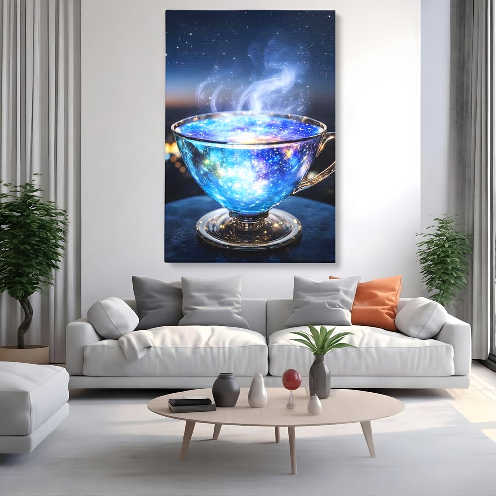 Leinwand Premium Canvas Wall Art, LuxCanva® N1118, Cosmic Infusion, Tee, Tasse, Universum, Galaxie, Sterne, Geheimnis, Sterne, Dampf, Nacht, Nacht, Entspannung, Café, Kneipe, Lounge, Bar, Restaurant, Restaurant, Küche