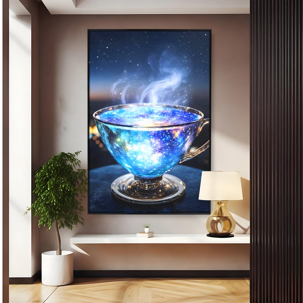 Leinwand Premium Canvas Wall Art, LuxCanva® N1118, Cosmic Infusion, Tee, Tasse, Universum, Galaxie, Sterne, Geheimnis, Sterne, Dampf, Nacht, Nacht, Entspannung, Café, Kneipe, Lounge, Bar, Restaurant, Restaurant, Küche