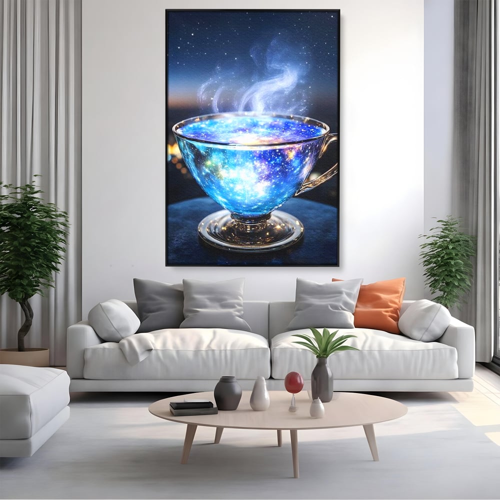 Leinwand Premium Canvas Wall Art, LuxCanva® N1118, Cosmic Infusion, Tee, Tasse, Universum, Galaxie, Sterne, Geheimnis, Sterne, Dampf, Nacht, Nacht, Entspannung, Café, Kneipe, Lounge, Bar, Restaurant, Restaurant, Küche