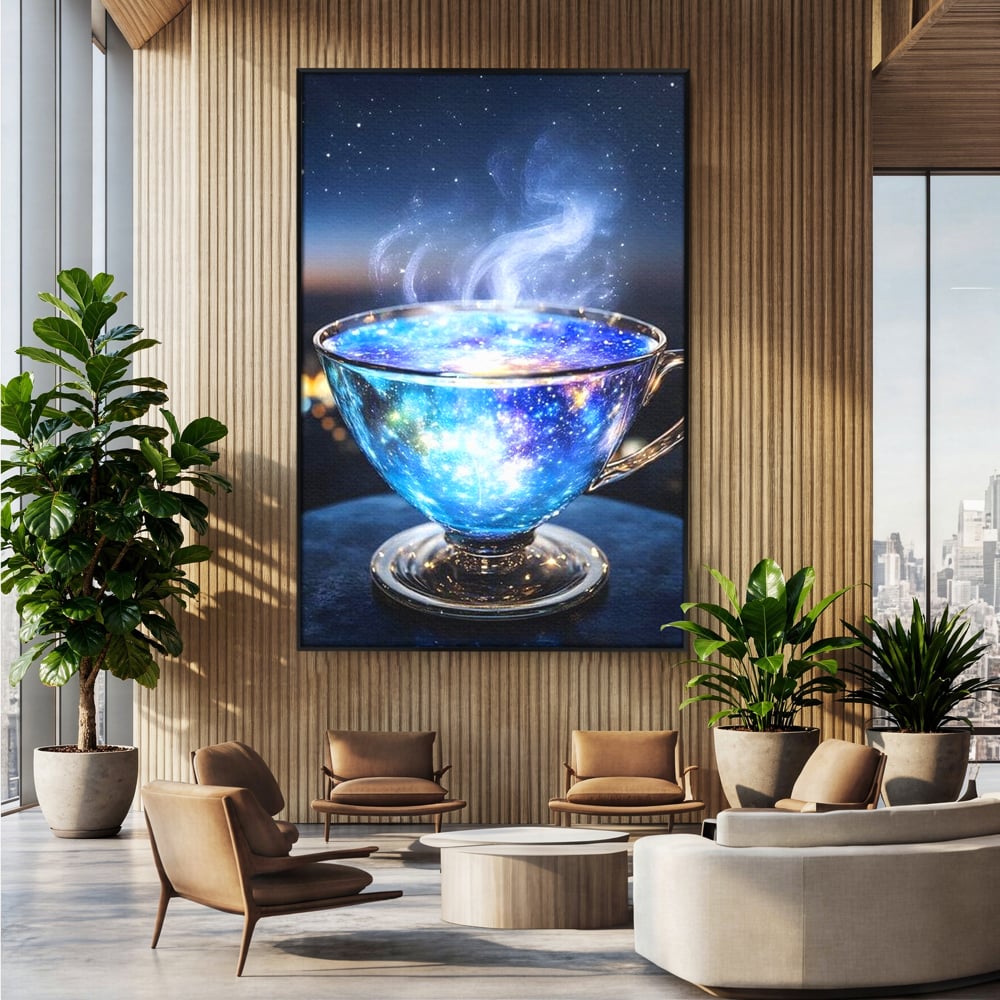 Leinwand Premium Canvas Wall Art, LuxCanva® N1118, Cosmic Infusion, Tee, Tasse, Universum, Galaxie, Sterne, Geheimnis, Sterne, Dampf, Nacht, Nacht, Entspannung, Café, Kneipe, Lounge, Bar, Restaurant, Restaurant, Küche