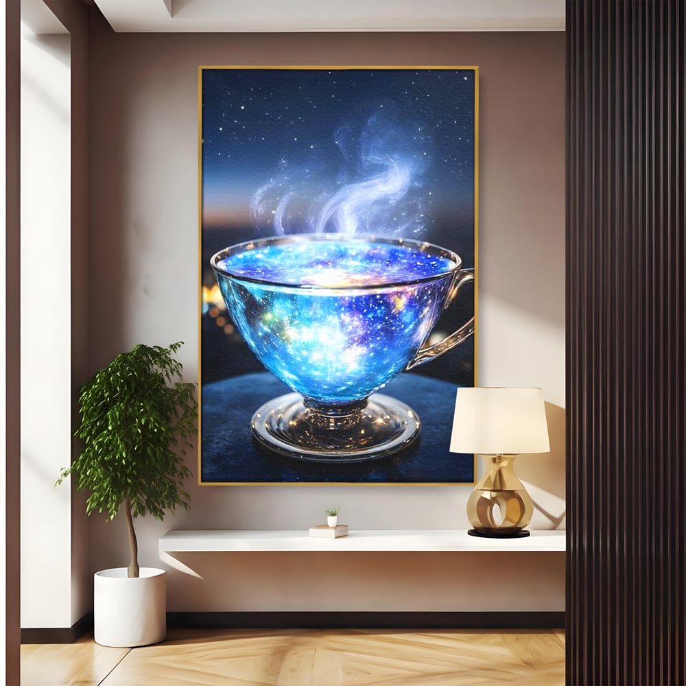 Leinwand Premium Canvas Wall Art, LuxCanva® N1118, Cosmic Infusion, Tee, Tasse, Universum, Galaxie, Sterne, Geheimnis, Sterne, Dampf, Nacht, Nacht, Entspannung, Café, Kneipe, Lounge, Bar, Restaurant, Restaurant, Küche
