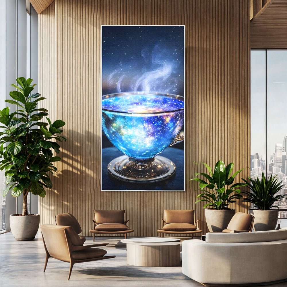 Leinwand Premium Canvas Wall Art, LuxCanva® N1118, Cosmic Infusion, Tee, Tasse, Universum, Galaxie, Sterne, Geheimnis, Sterne, Dampf, Nacht, Nacht, Entspannung, Café, Kneipe, Lounge, Bar, Restaurant, Restaurant, Küche