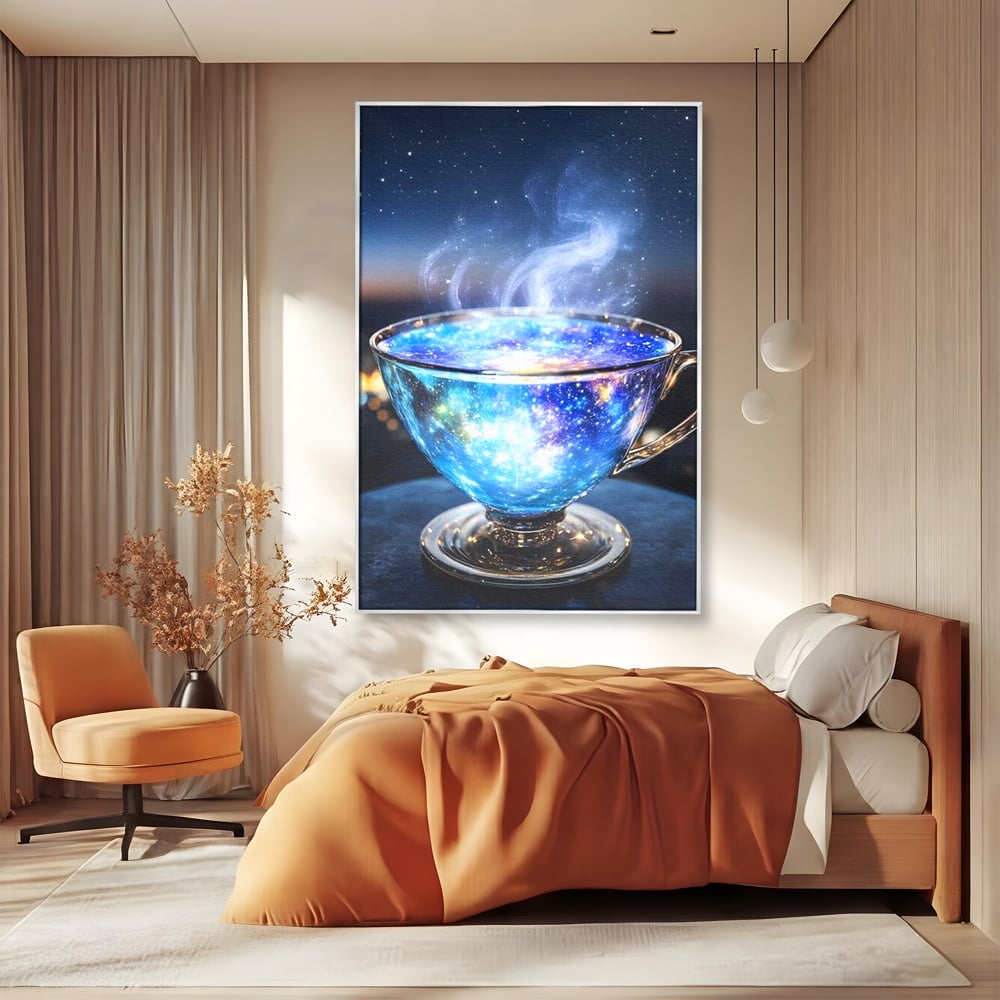 Leinwand Premium Canvas Wall Art, LuxCanva® N1118, Cosmic Infusion, Tee, Tasse, Universum, Galaxie, Sterne, Geheimnis, Sterne, Dampf, Nacht, Nacht, Entspannung, Café, Kneipe, Lounge, Bar, Restaurant, Restaurant, Küche