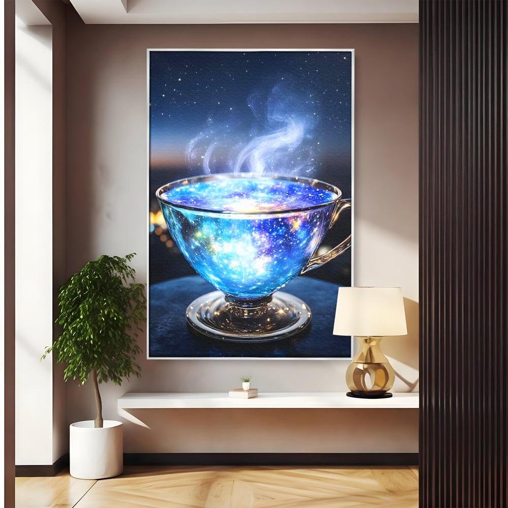 Leinwand Premium Canvas Wall Art, LuxCanva® N1118, Cosmic Infusion, Tee, Tasse, Universum, Galaxie, Sterne, Geheimnis, Sterne, Dampf, Nacht, Nacht, Entspannung, Café, Kneipe, Lounge, Bar, Restaurant, Restaurant, Küche