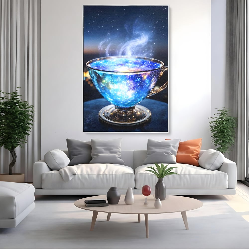 Leinwand Premium Canvas Wall Art, LuxCanva® N1118, Cosmic Infusion, Tee, Tasse, Universum, Galaxie, Sterne, Geheimnis, Sterne, Dampf, Nacht, Nacht, Entspannung, Café, Kneipe, Lounge, Bar, Restaurant, Restaurant, Küche