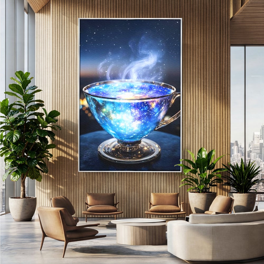 Leinwand Premium Canvas Wall Art, LuxCanva® N1118, Cosmic Infusion, Tee, Tasse, Universum, Galaxie, Sterne, Geheimnis, Sterne, Dampf, Nacht, Nacht, Entspannung, Café, Kneipe, Lounge, Bar, Restaurant, Restaurant, Küche