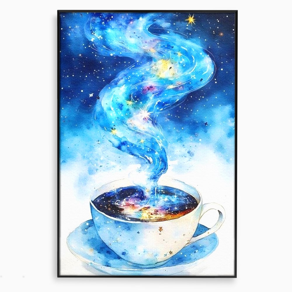 Leinwand Premium Canvas Wall Art, LuxCanva® N1119, Astral Dreams Cafe, Sterne, Unendlichkeit, Astral, himmlisch, Traum, Kaffee, Tasse, Universum, Galaxie, Energie, Café, Kneipe, Lounge, Bar, Restaurant, Bar, Restaurant, Küche
