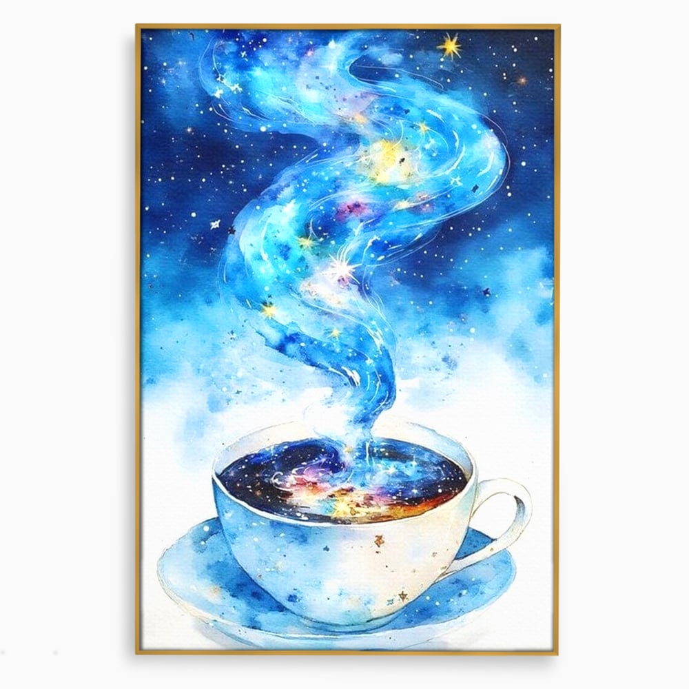 Leinwand Premium Canvas Wall Art, LuxCanva® N1119, Astral Dreams Cafe, Sterne, Unendlichkeit, Astral, himmlisch, Traum, Kaffee, Tasse, Universum, Galaxie, Energie, Café, Kneipe, Lounge, Bar, Restaurant, Bar, Restaurant, Küche
