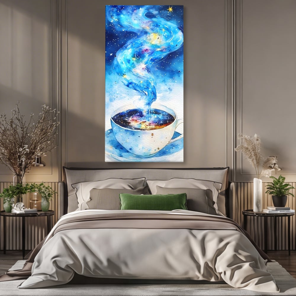 Leinwand Premium Canvas Wall Art, LuxCanva® N1119, Astral Dreams Cafe, Sterne, Unendlichkeit, Astral, himmlisch, Traum, Kaffee, Tasse, Universum, Galaxie, Energie, Café, Kneipe, Lounge, Bar, Restaurant, Bar, Restaurant, Küche
