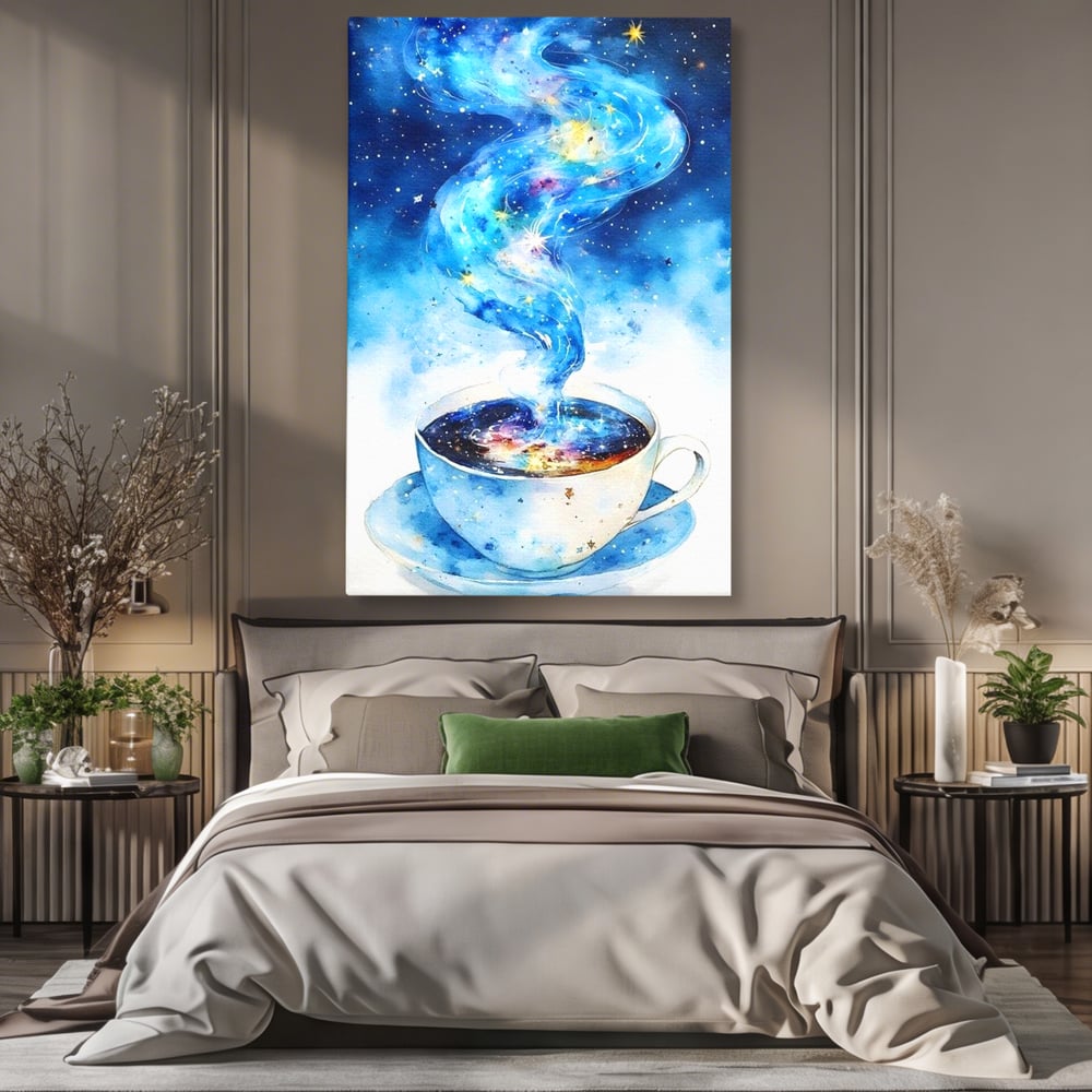 Leinwand Premium Canvas Wall Art, LuxCanva® N1119, Astral Dreams Cafe, Sterne, Unendlichkeit, Astral, himmlisch, Traum, Kaffee, Tasse, Universum, Galaxie, Energie, Café, Kneipe, Lounge, Bar, Restaurant, Bar, Restaurant, Küche