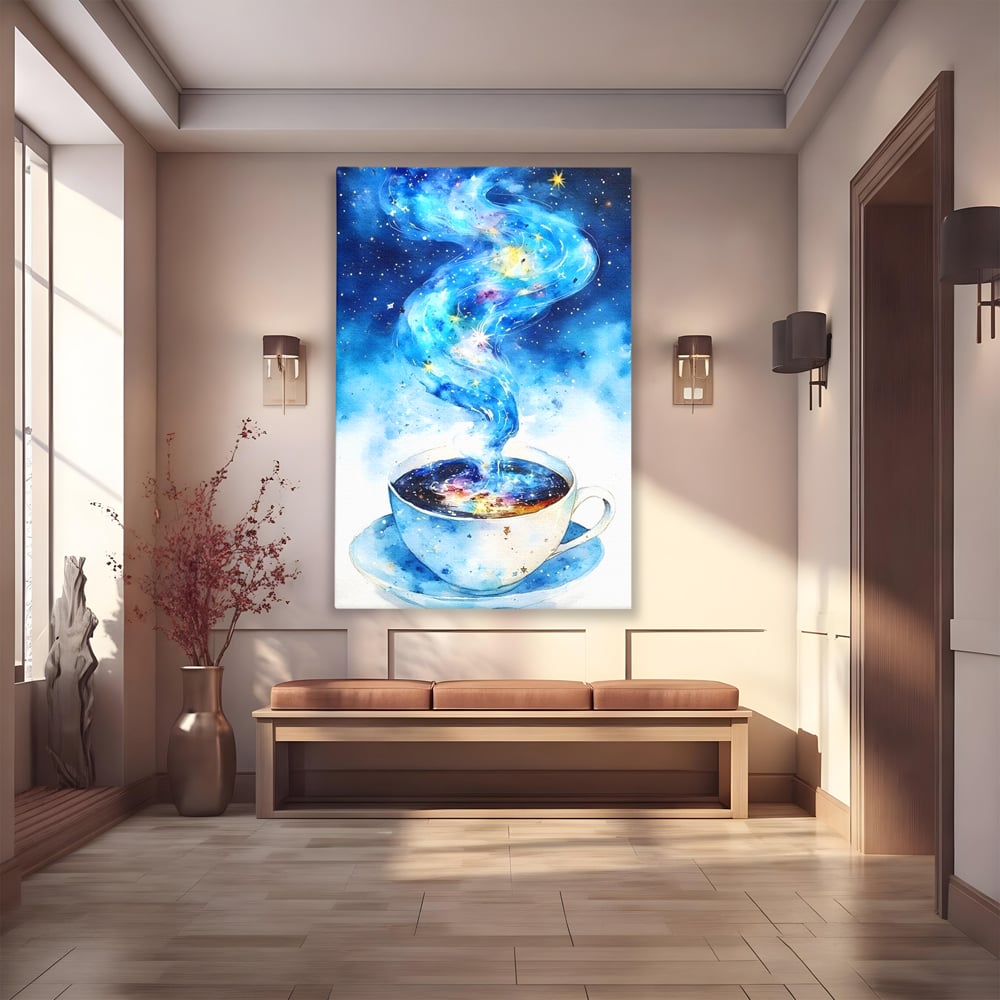 Leinwand Premium Canvas Wall Art, LuxCanva® N1119, Astral Dreams Cafe, Sterne, Unendlichkeit, Astral, himmlisch, Traum, Kaffee, Tasse, Universum, Galaxie, Energie, Café, Kneipe, Lounge, Bar, Restaurant, Bar, Restaurant, Küche
