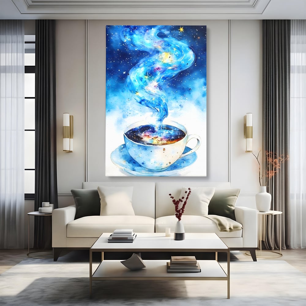 Leinwand Premium Canvas Wall Art, LuxCanva® N1119, Astral Dreams Cafe, Sterne, Unendlichkeit, Astral, himmlisch, Traum, Kaffee, Tasse, Universum, Galaxie, Energie, Café, Kneipe, Lounge, Bar, Restaurant, Bar, Restaurant, Küche