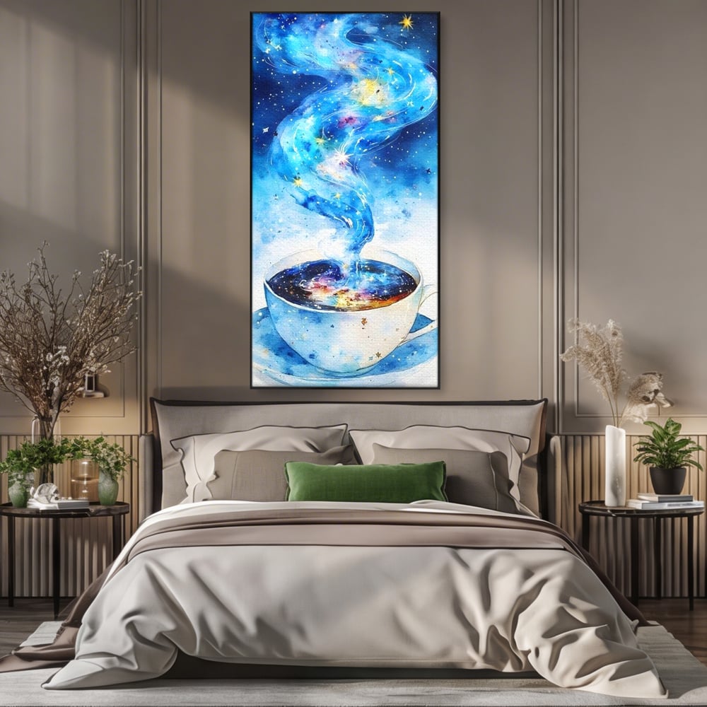 Leinwand Premium Canvas Wall Art, LuxCanva® N1119, Astral Dreams Cafe, Sterne, Unendlichkeit, Astral, himmlisch, Traum, Kaffee, Tasse, Universum, Galaxie, Energie, Café, Kneipe, Lounge, Bar, Restaurant, Bar, Restaurant, Küche