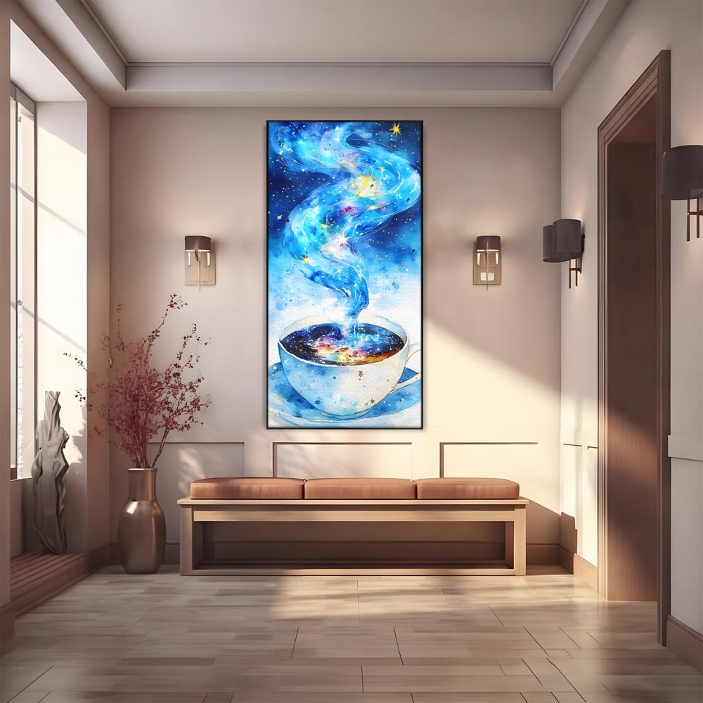 Leinwand Premium Canvas Wall Art, LuxCanva® N1119, Astral Dreams Cafe, Sterne, Unendlichkeit, Astral, himmlisch, Traum, Kaffee, Tasse, Universum, Galaxie, Energie, Café, Kneipe, Lounge, Bar, Restaurant, Bar, Restaurant, Küche