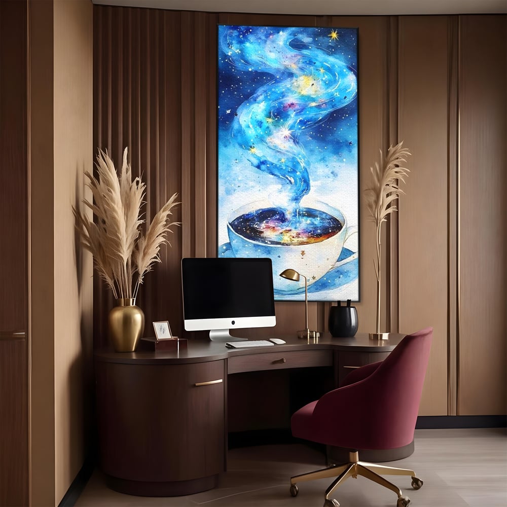 Leinwand Premium Canvas Wall Art, LuxCanva® N1119, Astral Dreams Cafe, Sterne, Unendlichkeit, Astral, himmlisch, Traum, Kaffee, Tasse, Universum, Galaxie, Energie, Café, Kneipe, Lounge, Bar, Restaurant, Bar, Restaurant, Küche