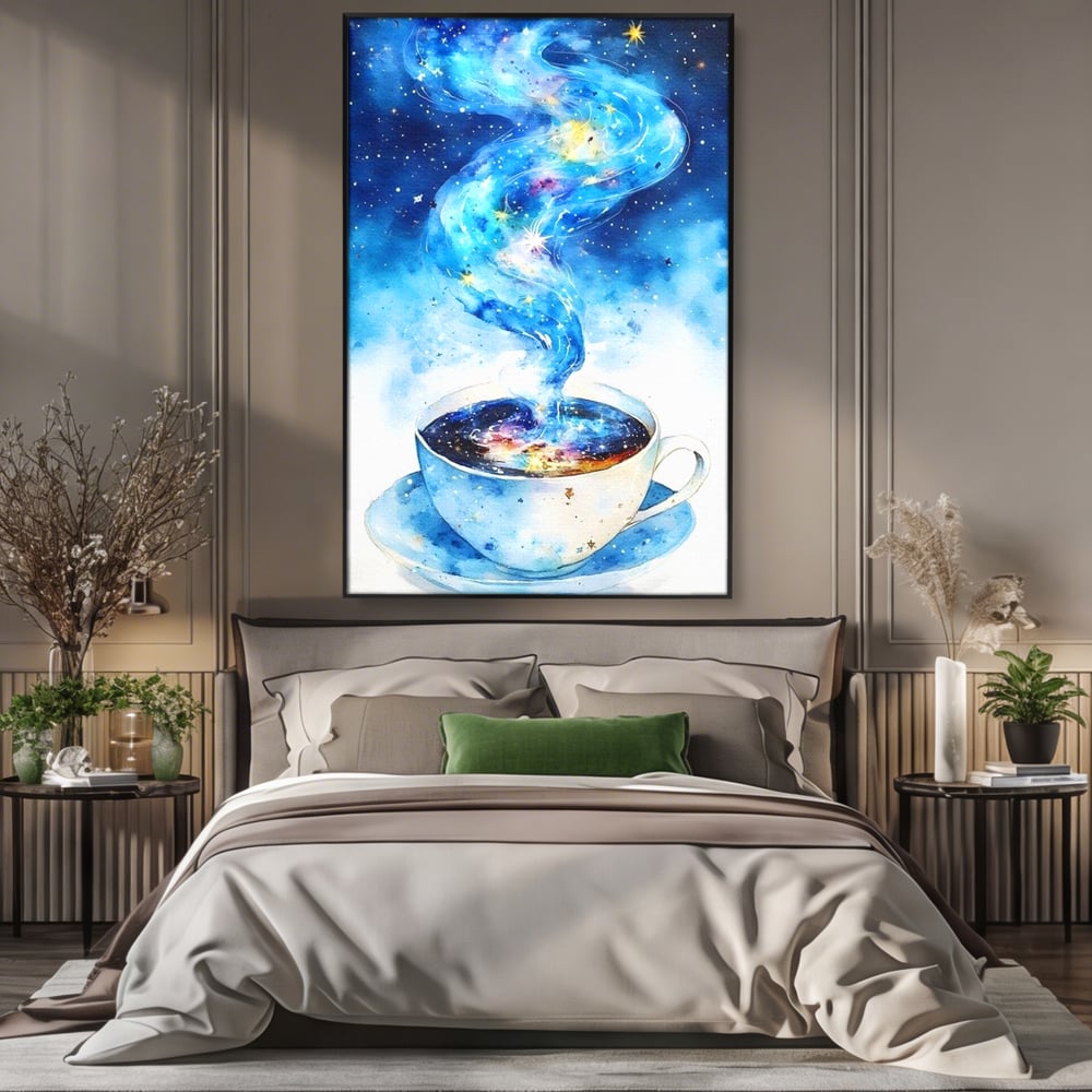 Leinwand Premium Canvas Wall Art, LuxCanva® N1119, Astral Dreams Cafe, Sterne, Unendlichkeit, Astral, himmlisch, Traum, Kaffee, Tasse, Universum, Galaxie, Energie, Café, Kneipe, Lounge, Bar, Restaurant, Bar, Restaurant, Küche