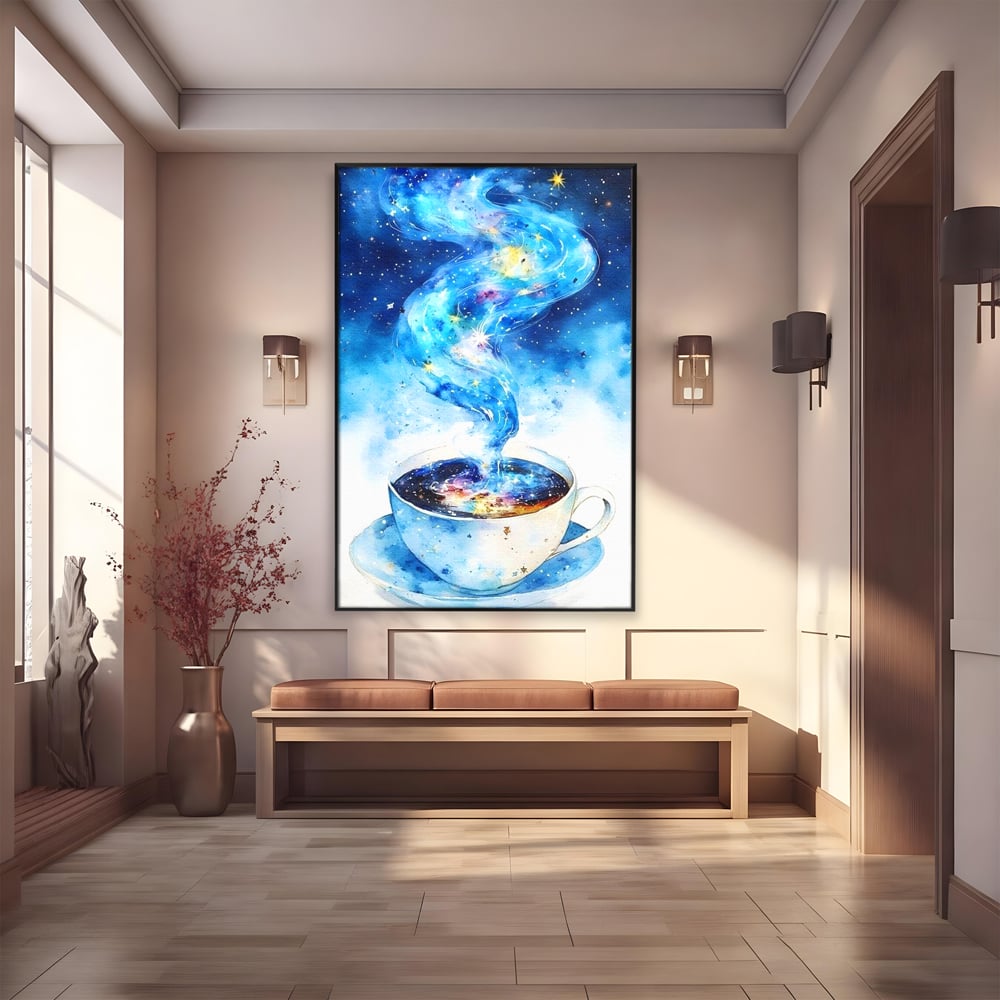 Leinwand Premium Canvas Wall Art, LuxCanva® N1119, Astral Dreams Cafe, Sterne, Unendlichkeit, Astral, himmlisch, Traum, Kaffee, Tasse, Universum, Galaxie, Energie, Café, Kneipe, Lounge, Bar, Restaurant, Bar, Restaurant, Küche