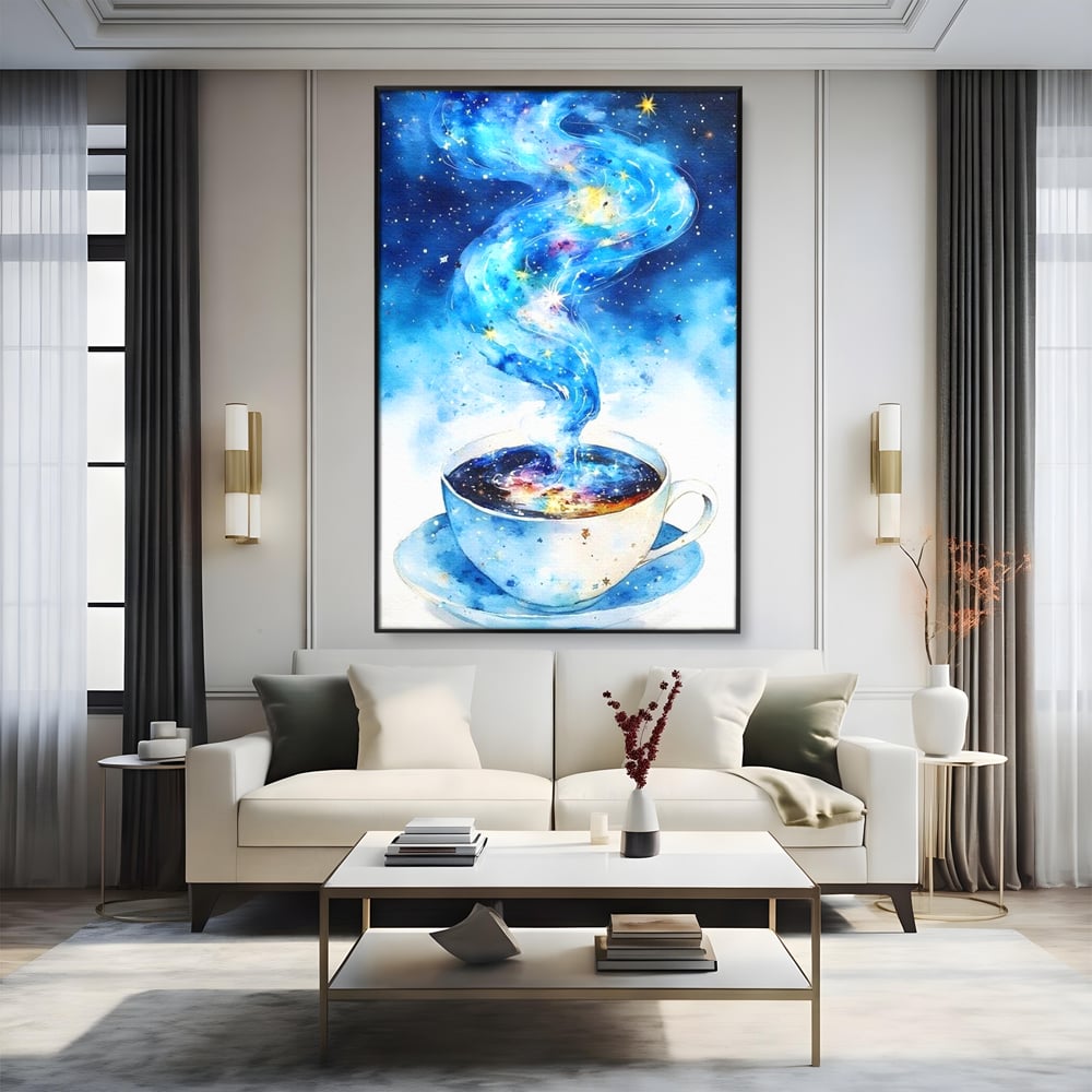 Leinwand Premium Canvas Wall Art, LuxCanva® N1119, Astral Dreams Cafe, Sterne, Unendlichkeit, Astral, himmlisch, Traum, Kaffee, Tasse, Universum, Galaxie, Energie, Café, Kneipe, Lounge, Bar, Restaurant, Bar, Restaurant, Küche