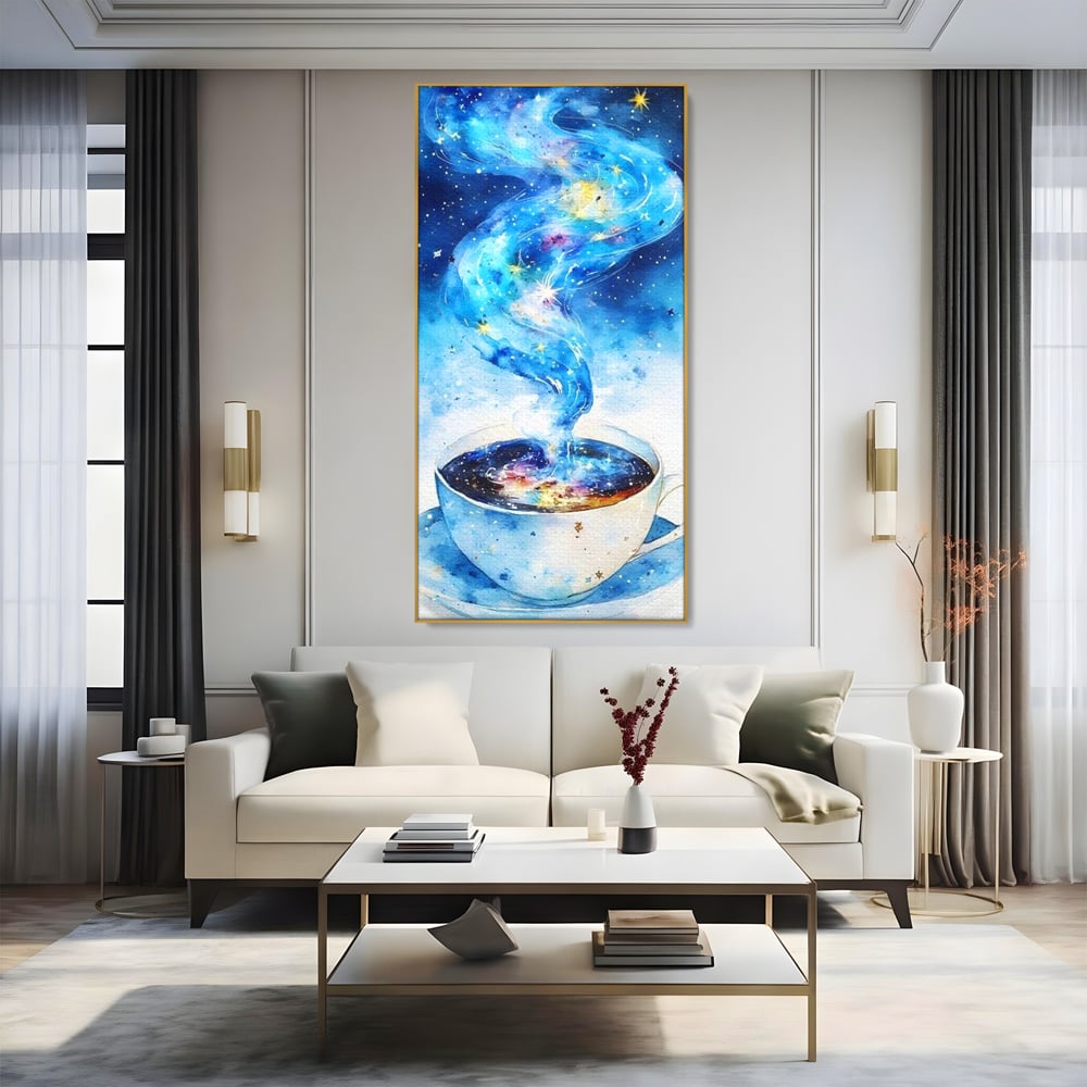 Leinwand Premium Canvas Wall Art, LuxCanva® N1119, Astral Dreams Cafe, Sterne, Unendlichkeit, Astral, himmlisch, Traum, Kaffee, Tasse, Universum, Galaxie, Energie, Café, Kneipe, Lounge, Bar, Restaurant, Bar, Restaurant, Küche