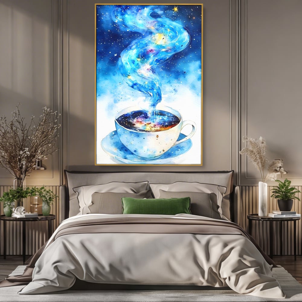 Leinwand Premium Canvas Wall Art, LuxCanva® N1119, Astral Dreams Cafe, Sterne, Unendlichkeit, Astral, himmlisch, Traum, Kaffee, Tasse, Universum, Galaxie, Energie, Café, Kneipe, Lounge, Bar, Restaurant, Bar, Restaurant, Küche