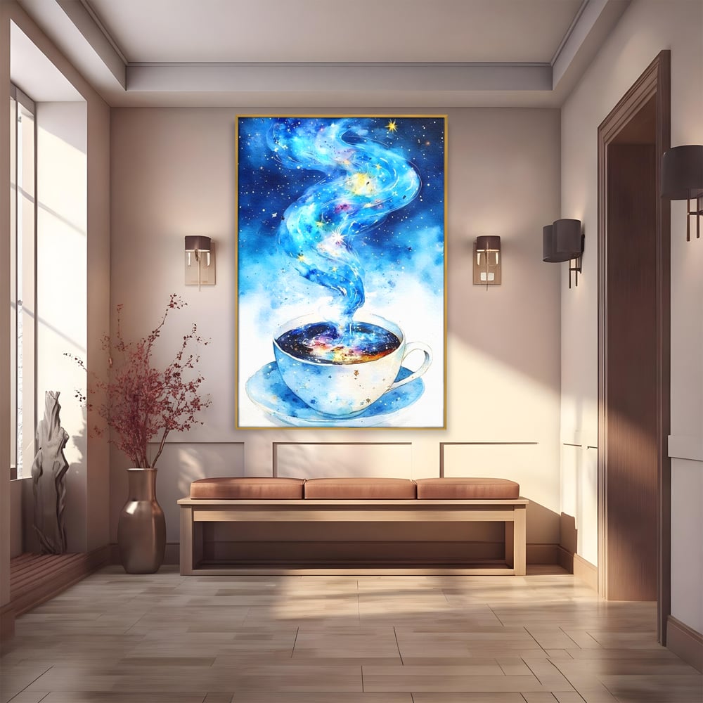 Leinwand Premium Canvas Wall Art, LuxCanva® N1119, Astral Dreams Cafe, Sterne, Unendlichkeit, Astral, himmlisch, Traum, Kaffee, Tasse, Universum, Galaxie, Energie, Café, Kneipe, Lounge, Bar, Restaurant, Bar, Restaurant, Küche