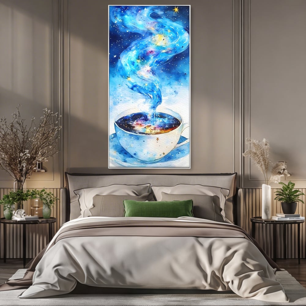 Leinwand Premium Canvas Wall Art, LuxCanva® N1119, Astral Dreams Cafe, Sterne, Unendlichkeit, Astral, himmlisch, Traum, Kaffee, Tasse, Universum, Galaxie, Energie, Café, Kneipe, Lounge, Bar, Restaurant, Bar, Restaurant, Küche