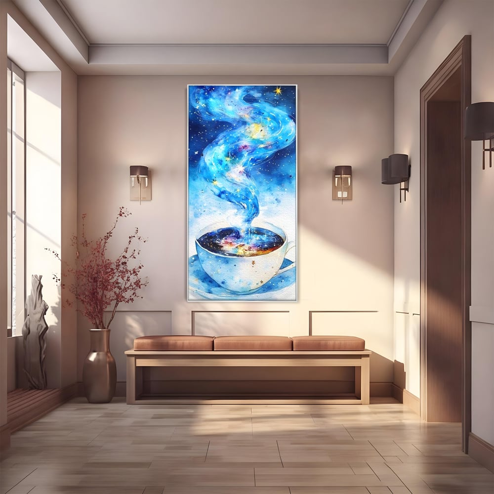 Leinwand Premium Canvas Wall Art, LuxCanva® N1119, Astral Dreams Cafe, Sterne, Unendlichkeit, Astral, himmlisch, Traum, Kaffee, Tasse, Universum, Galaxie, Energie, Café, Kneipe, Lounge, Bar, Restaurant, Bar, Restaurant, Küche