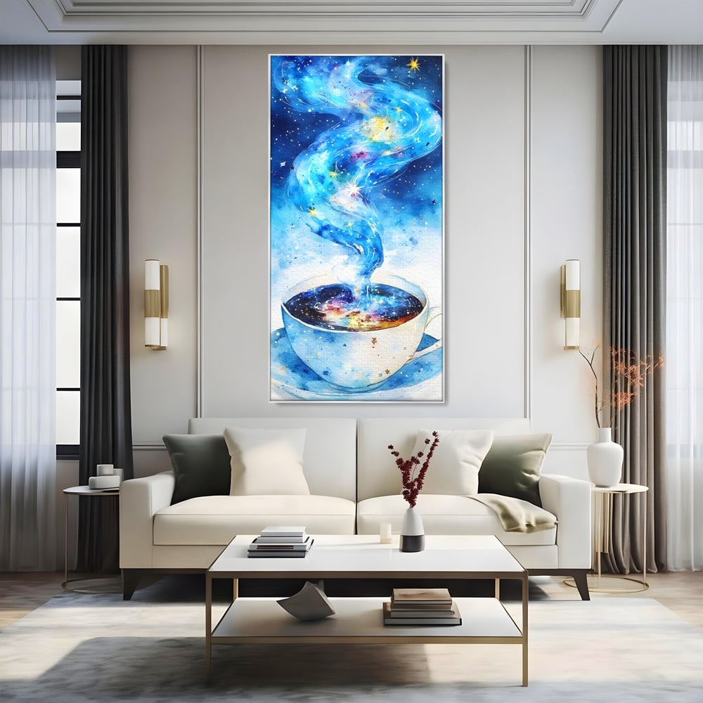 Leinwand Premium Canvas Wall Art, LuxCanva® N1119, Astral Dreams Cafe, Sterne, Unendlichkeit, Astral, himmlisch, Traum, Kaffee, Tasse, Universum, Galaxie, Energie, Café, Kneipe, Lounge, Bar, Restaurant, Bar, Restaurant, Küche