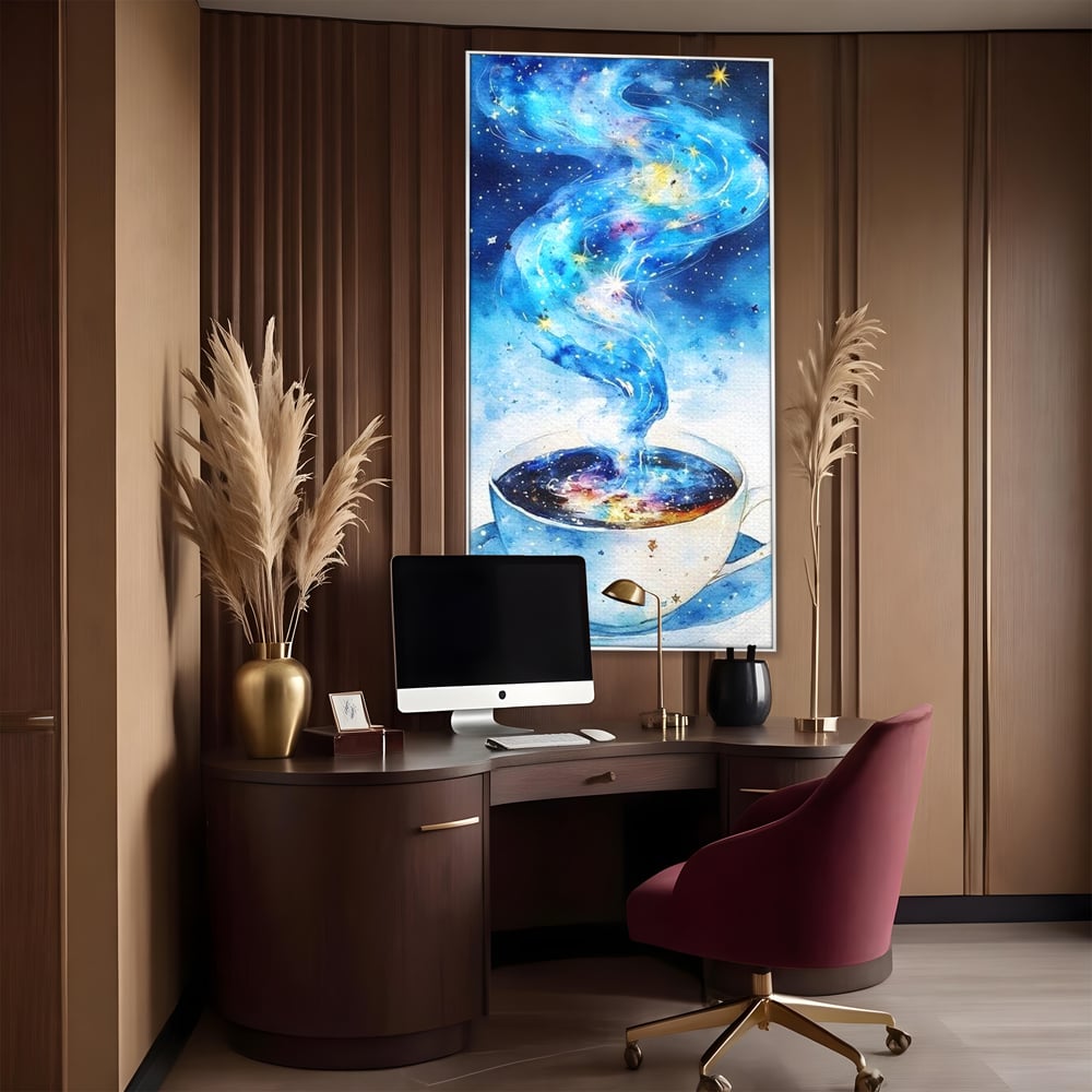 Leinwand Premium Canvas Wall Art, LuxCanva® N1119, Astral Dreams Cafe, Sterne, Unendlichkeit, Astral, himmlisch, Traum, Kaffee, Tasse, Universum, Galaxie, Energie, Café, Kneipe, Lounge, Bar, Restaurant, Bar, Restaurant, Küche