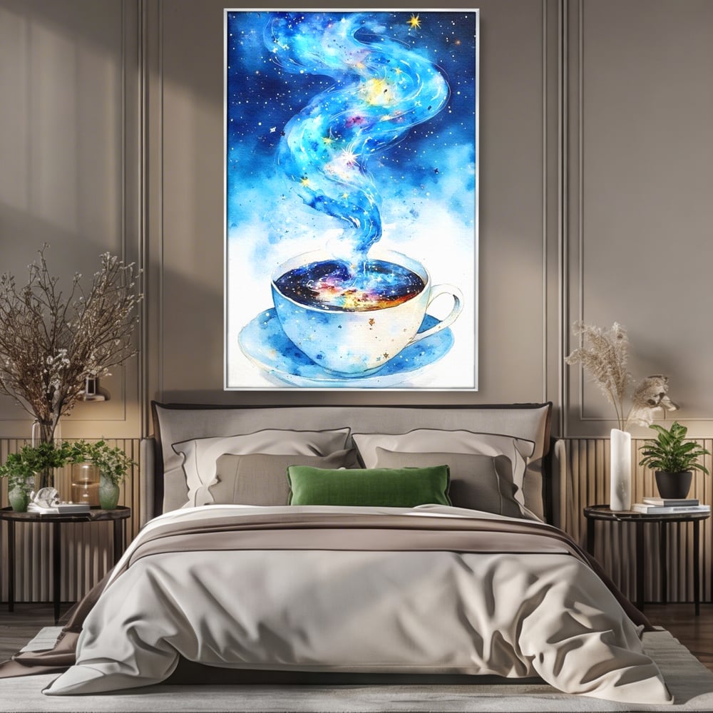 Leinwand Premium Canvas Wall Art, LuxCanva® N1119, Astral Dreams Cafe, Sterne, Unendlichkeit, Astral, himmlisch, Traum, Kaffee, Tasse, Universum, Galaxie, Energie, Café, Kneipe, Lounge, Bar, Restaurant, Bar, Restaurant, Küche