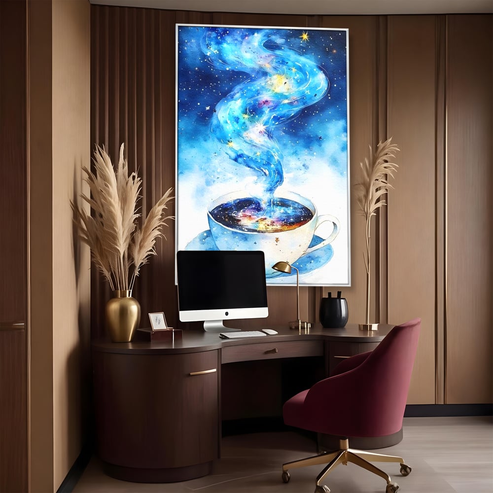 Leinwand Premium Canvas Wall Art, LuxCanva® N1119, Astral Dreams Cafe, Sterne, Unendlichkeit, Astral, himmlisch, Traum, Kaffee, Tasse, Universum, Galaxie, Energie, Café, Kneipe, Lounge, Bar, Restaurant, Bar, Restaurant, Küche
