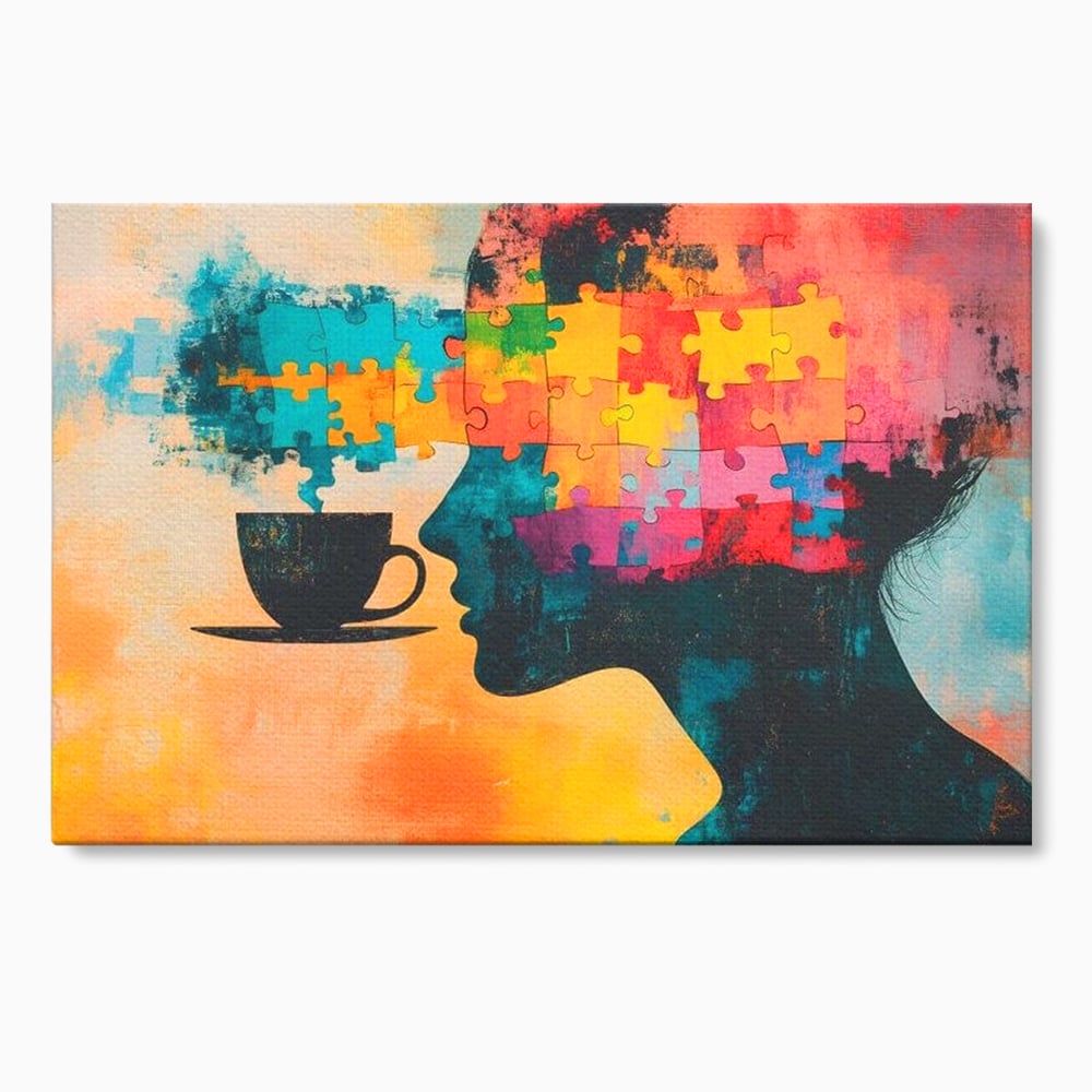 Tablou Canvas Premium, LuxCanva® N1120, Ganduri in Puzzle, Psihologie, Mister, Identitate, Emotie, Minte, Constiinta, Joc, Cafea, Ceasca, Cafenea, Pub, Lounge, Bar, Restaurant, Bucatarie