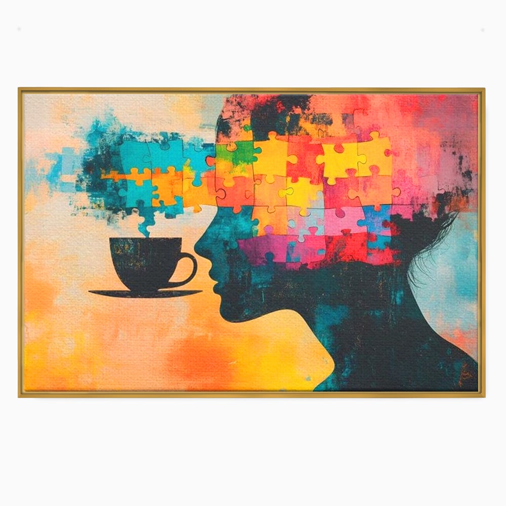 Tablou Canvas Premium, LuxCanva® N1120, Ganduri in Puzzle, Psihologie, Mister, Identitate, Emotie, Minte, Constiinta, Joc, Cafea, Ceasca, Cafenea, Pub, Lounge, Bar, Restaurant, Bucatarie