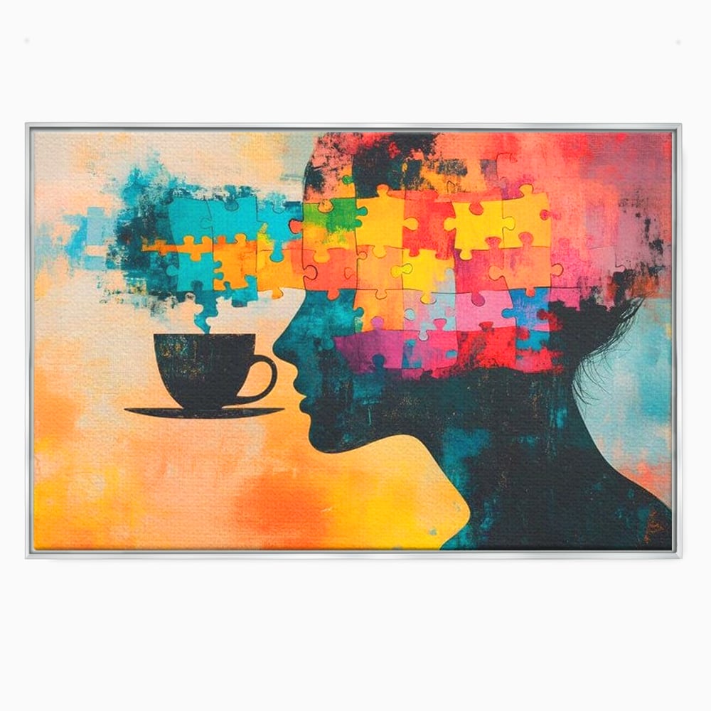 Tablou Canvas Premium, LuxCanva® N1120, Ganduri in Puzzle, Psihologie, Mister, Identitate, Emotie, Minte, Constiinta, Joc, Cafea, Ceasca, Cafenea, Pub, Lounge, Bar, Restaurant, Bucatarie